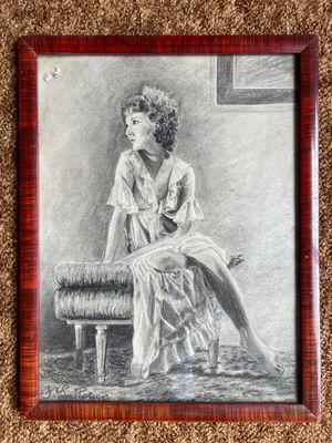 a drawing of a woman sitting on a chair in a room