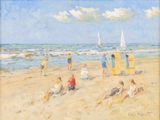 tableau représentant un groupe de personnes sur une plage, avec un voilier en arrière-plan