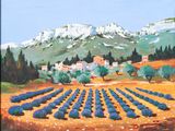 painting of a landscape of lavender fields with a mountain in the background