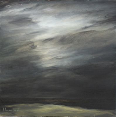 une peinture à l'huile représentant un paysage en noir et blanc avec un ciel sombre
