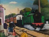 une peinture d'un train descendant les rails
