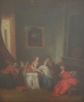 une peinture représentant un groupe de personnes assises autour d'une table