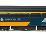 a blue and yellow train that is on the tracks