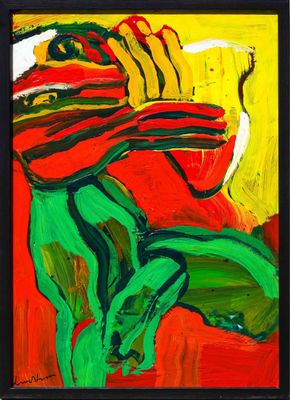 a painting of a man in a red hat and green pants