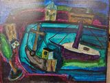 une peinture représentant un bateau posé par terre