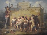 a painting of a group of children playing outside a building