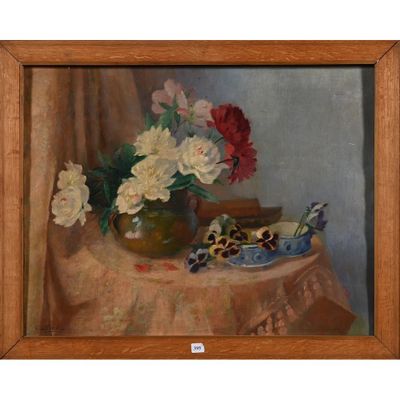 a painting of flowers in a vase on a table