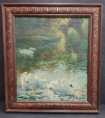 an oil painting of swans swimming in a lake with trees in the background