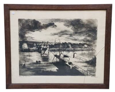 framed black and white drawing of a harbor scene with boats