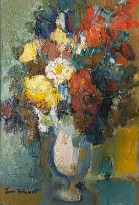 une peinture de fleurs dans un vase sur une table