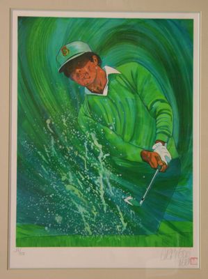 an oil painting of a man playing golf on a green background
