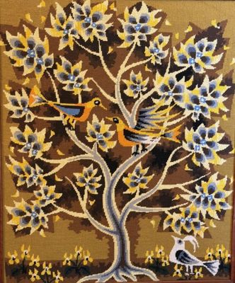 a picture of a painting of a tree with birds on it