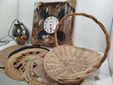 a wicker basket with a clock on top of it