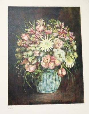 une peinture de fleurs dans un vase bleu sur une table