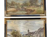 une paire d'aquarelles représentant un village et une rivière