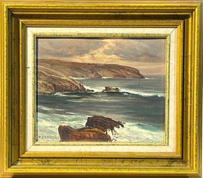 une peinture à l'huile représentant une vue sur l'océan avec des rochers au premier plan