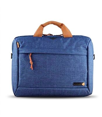 une image représentant un sac pour ordinateur portable bleu muni d'une poignée marron