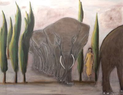 a painting of a man standing in front of a herd of elephants
