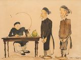 tableau représentant trois personnes debout autour d'une table sur laquelle se trouve un bol de fruits