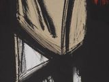 abstract black and white painting of a window with a clock on it