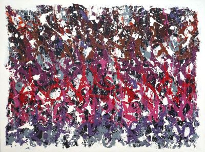 peinture abstraite réalisée à l'aide de peinture rouge, violette et noire sur un fond blanc