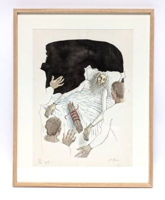 painting of a man in a bed with a cat and a dog