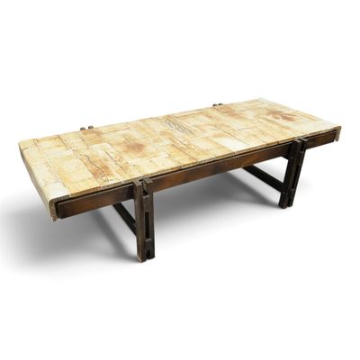 an image of a wooden table with metal legs on a white background