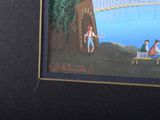 a painting of people sitting on a bench by the water
