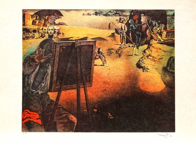 une image représentant un tableau représentant une scène de désert avec un homme à cheval et un homme à cheval