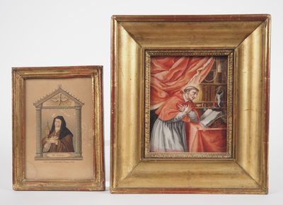 two framed pictures of a woman in a red dress and a woman in a white dress
