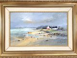 an oil painting of a beach scene with a house in the distance