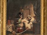 an old painting of a woman sitting in a chair with a dog