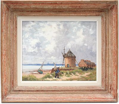 a painting of a windmill on a beach with a boat in the water