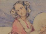 painting of a woman in a red dress holding a white hat