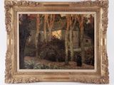 an image of a painting of a house in a wooded area