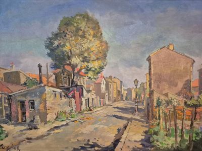 peinture représentant une rue de village avec un arbre au milieu
