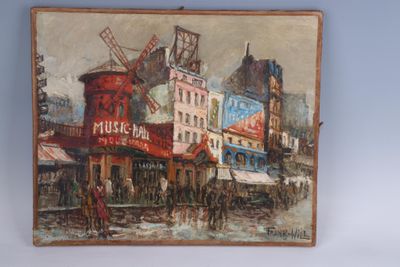 peinture représentant une scène de rue avec un moulin à vent au centre du tableau