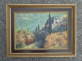 framed oil painting of a castle on a hill with trees in the foreground