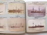 an old photo of a book with pictures of ships on it
