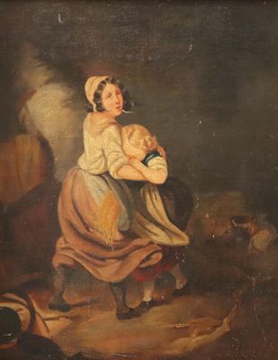 une peinture ancienne représentant une femme tenant un bébé dans ses bras