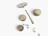 a white background with a variety of antique items