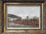 a picture of a painting of a man plowing a field with horses