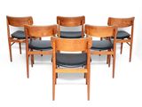 set of six danish teak dining chairs with black leather seats