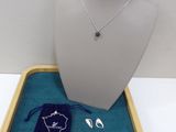 necklace and earring set in a tray on a table