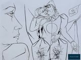 drawing of a man and a woman standing next to each other in front of a mirror