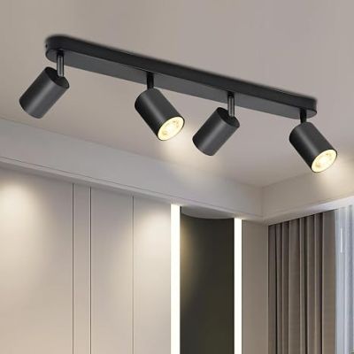 Luminaire sur rail noir à trois spots, avec variateur et télécommande