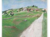 an oil painting of a dirt road leading to a small village