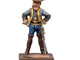 statue of a man with a hat and a gun on a wooden base