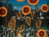 tableau représentant un coq dans un champ, avec des tournesols en arrière-plan