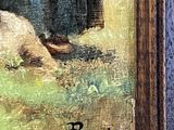 an oil painting of a woman and a sheep in a field